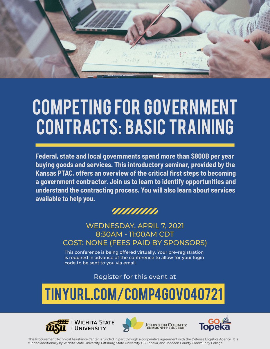 Come join our workshop next Wednesday at 8:30AM CDT to learn more about competing for government contracts!

Register at: tinyurl.com/comp4gov040721

#SmallBusiness #SmallBiz #kansas #GovCon