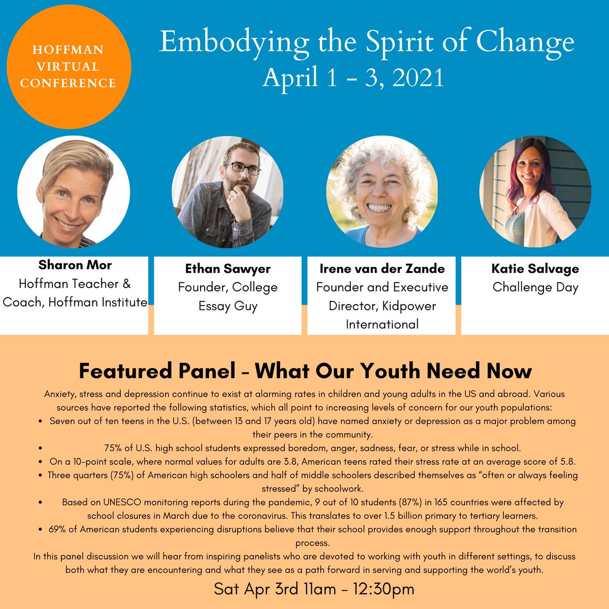 Our 1st-ever Hoffman virtual conference begins today, 4/1. Registration open to all by donation. Join Irene van der Zande of @Kidpower_Intl, Sharon Mor, Katie Salvage, &amp; Ethan Sawyer for this panel on what our youth need now. Lots to choose from this weekend! #change #embodiment
