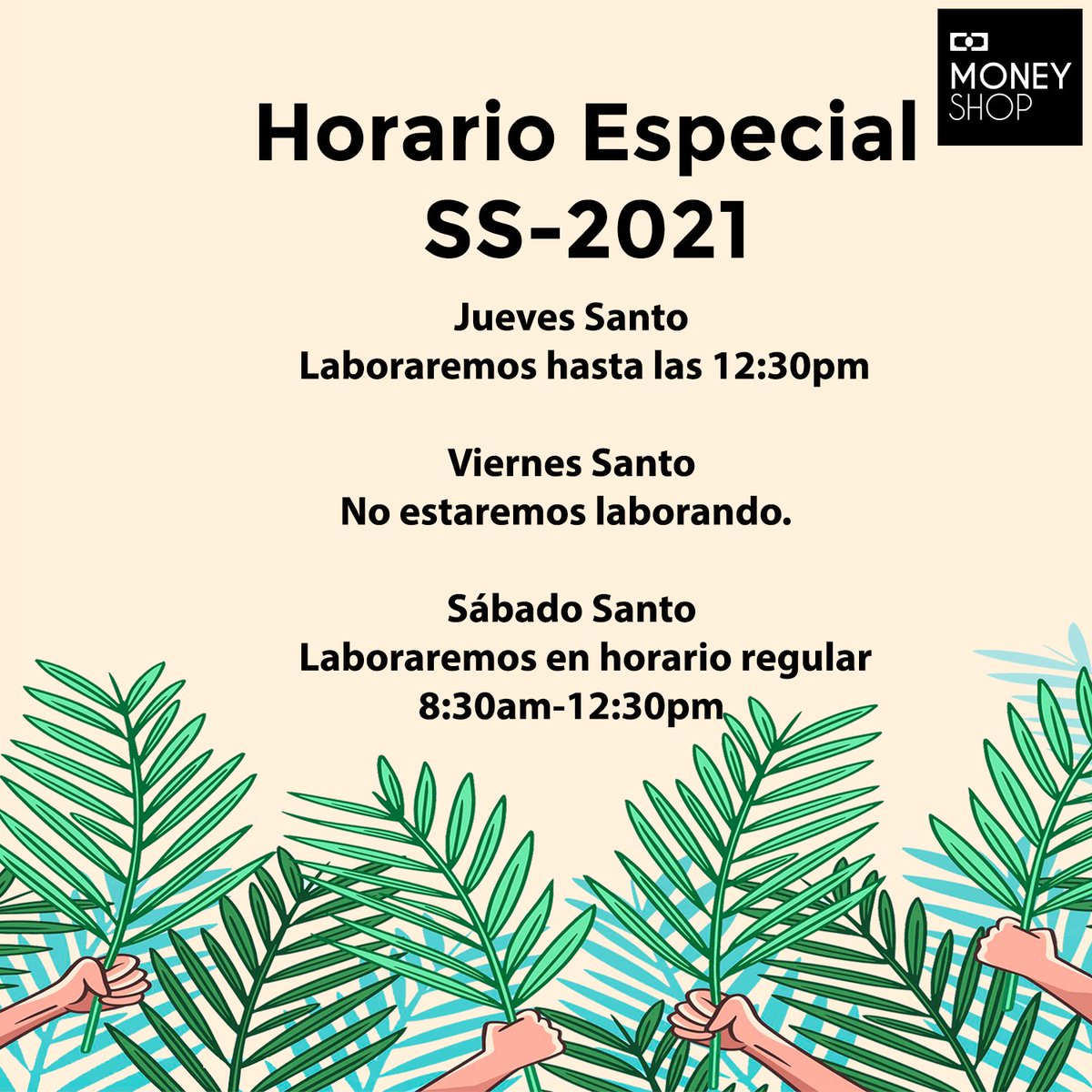 MoneyShoprd's tweet photo. Horario especial de Semana Santa.

Jueves 1 de abril, laboramos hasta las 12:30 p.m.

Viernes 2 de abril, no laboraremos.

Sábado 3 de abril, laboraremos en horario regular.
.
#SemanaSanta2021 #moneyshoprd #prestamospersonales https://t.co/7P1hH0OLsZ