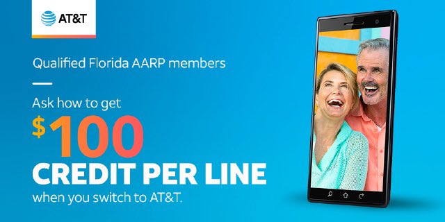 SpringHillATT's tweet image. Hey qualified Florida AARP members! Learn how to get a $100 credit per line when you switch to AT&amp;amp;T. Plus, get 2 lines for $40/mo. per line with the AT&amp;amp;T Unlimited 55+ plan. Visit me at 1879 Commercial Way to learn more or like.att.com/r2aarp1 @jrluna11 @reynaolivo1 @ARSMIsaac