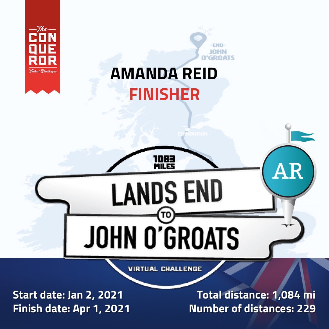 AmandaLReid's tweet photo. LeJog Challenge complete, 1083 miles in three months.  Bike, walking and running! This morning I completed it with a 60min bike PR! Thanks @myvmission and @onepeloton, I’ve had a ball! #stronger #whatsnext https://t.co/8qAbDRAczl