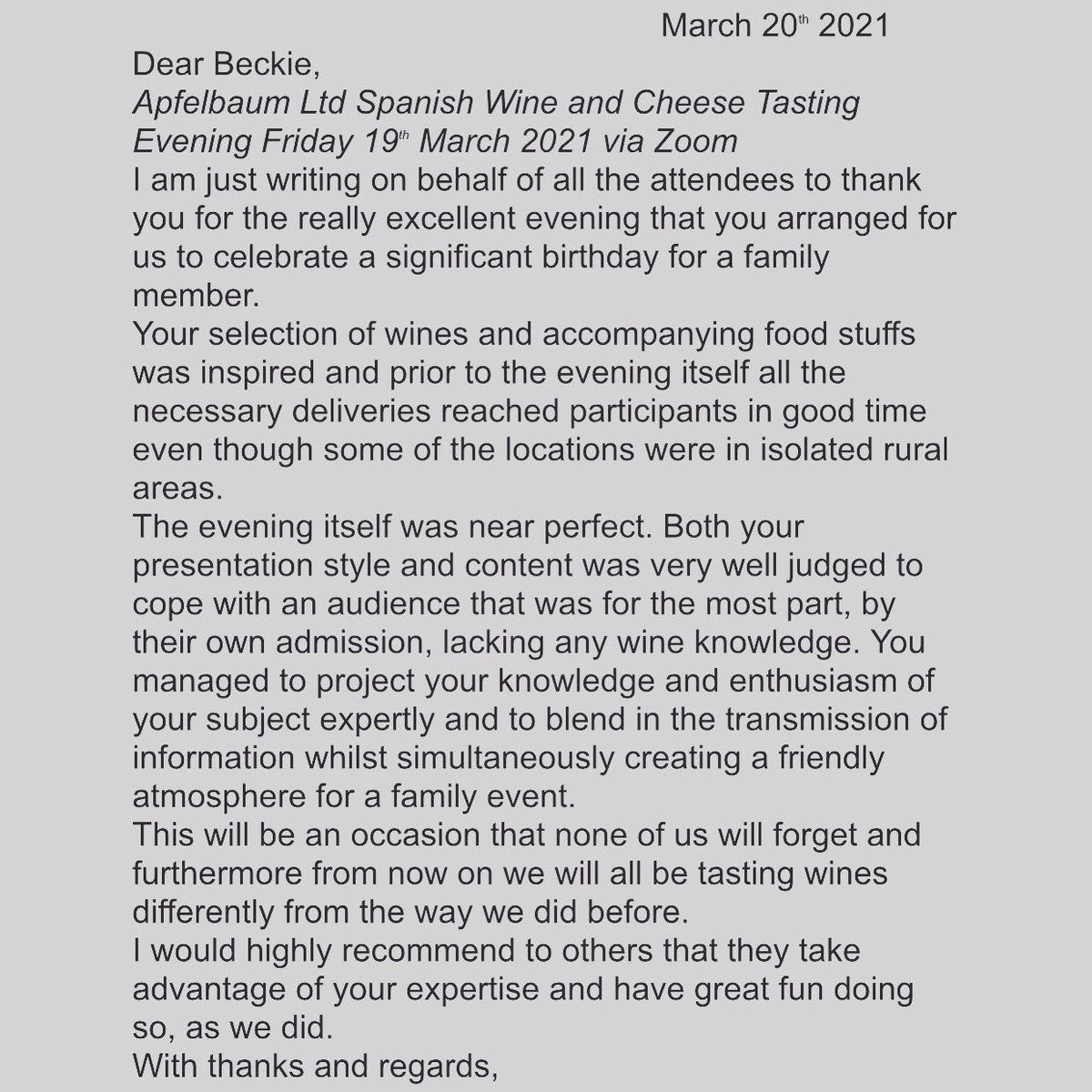 ApfelbaumLtd's tweet photo. Blushing to receive this wonderful testimonial! Couldn’t resist sharing it ❤️ Thanks @BascoFineFoods for proving the wonderful wine &amp; charcuterie! A very Spanish feast we had 🇪🇸 

#zoomtasting #winetasting #testimonial #feedback #lovewhatyoudo https://t.co/Ob2ns64aO4