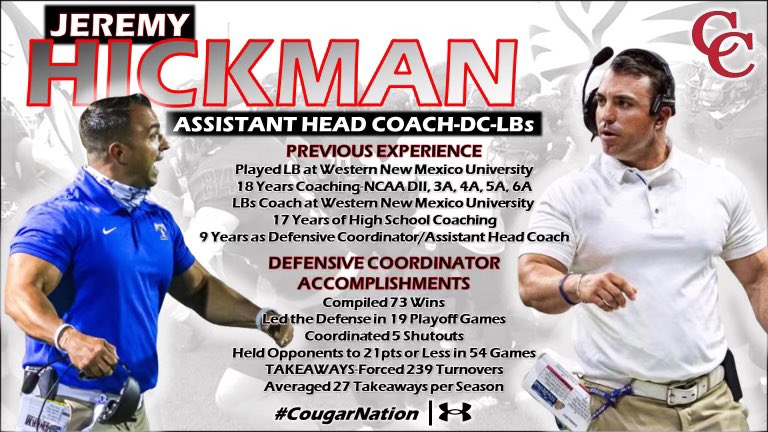 I’ve learned if you can’t beat ‘em join ‘em. I’m fired up to add Jeremy Hickman to the staff! He’s one of the best DC’s in the business and a future head coach in Texas.  Welcome to Cougar Nation <a href="/thecoachhickman/">Jeremy Hickman</a>‼️
<a href="/Canyon_Football/">NB Canyon Cougar Football</a> just got better 👀
<a href="/DavissonDustin/">Dustin Davisson</a> @COMALISD_AD