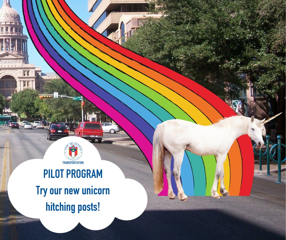 austinmobility's tweet photo. Breaking News: The Austin Transportation Department has launched a new pilot program to reduce traffic and increase rainbow travel by almost 200% with their brand new state-of-the-art unicorn hitching posts! 
https://t.co/i36PSIyJAC https://t.co/1xrKIa4PIJ