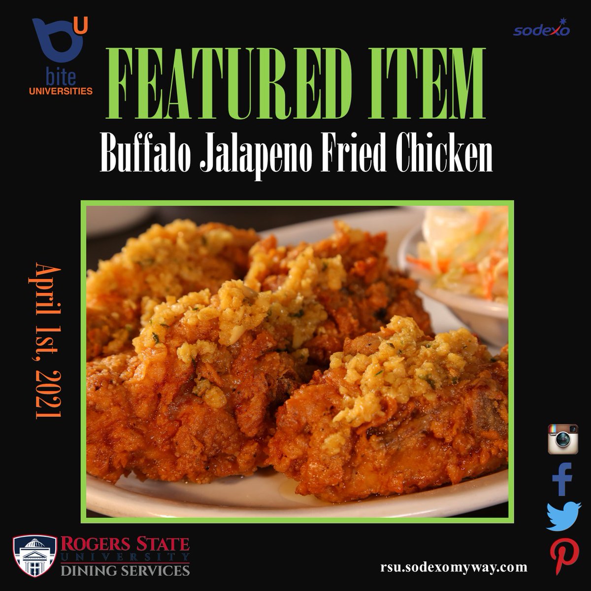 RSUDining's tweet photo. The Featured Item today at Chapman Dining Hall is....
BUFFALO FRIED CHICKEN!!! Go to the App store & Download the Bite by Sodexo-Universities for the full menu. Have a great day! Lunch is served from 11 AM to 2:30 PM. #RSUDiningServices #ChapmanDiningHall #BiteApp https://t.co/tMPjKzl3zB