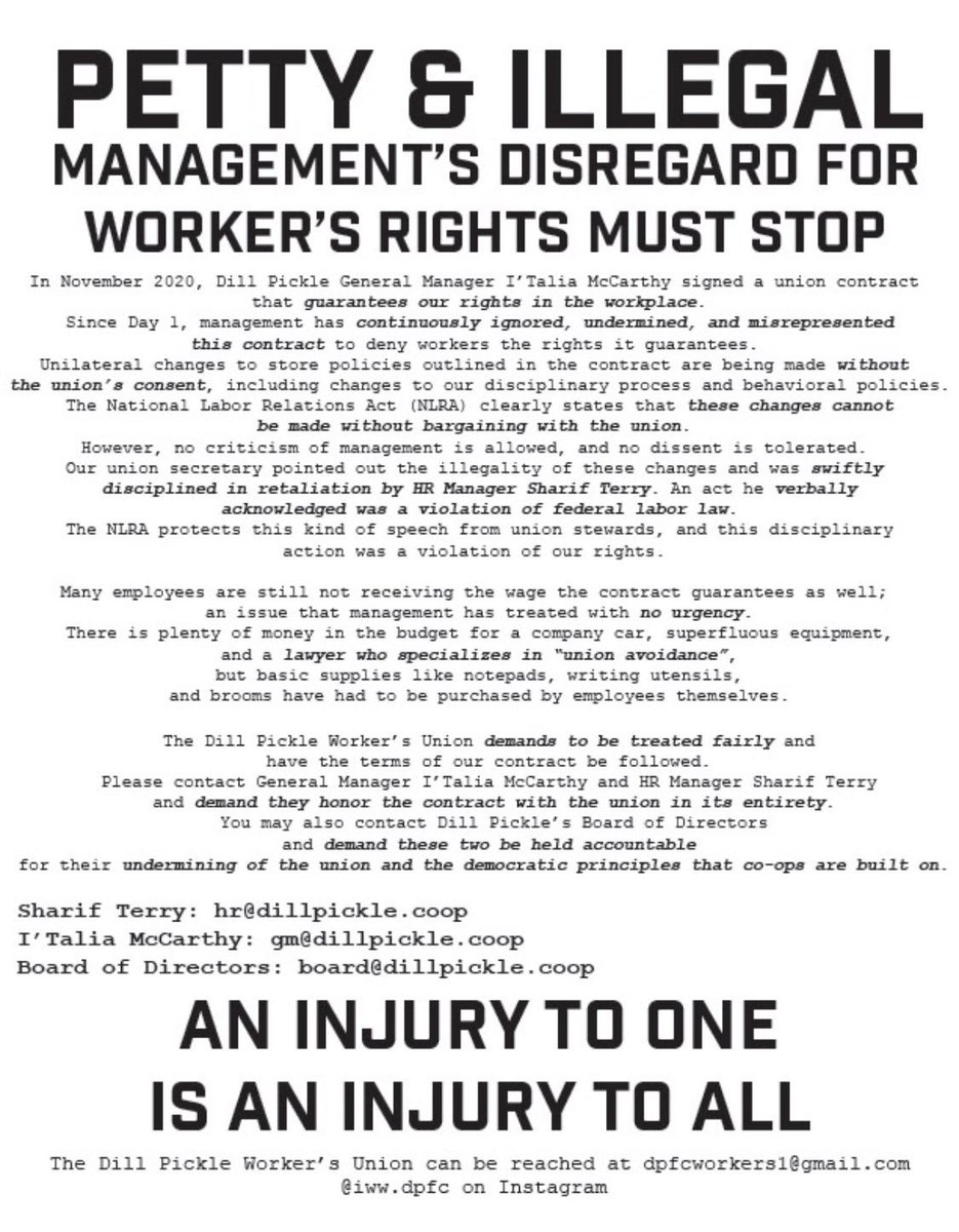 ChicagoIWW's tweet photo. Here is the flyer distributed by Dill Pickle Worker’s Union at their informational picket. Includes details of their struggle and how you can help. Workers are not calling for further action besides this, but appreciate the lovely solidarity ❤️ #IWWDPFC #DPWU (Alt text in thread) https://t.co/ReFVkEcSFX