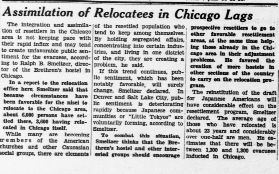 HeartMountainWY's tweet photo. Dillon Myer, head of the War Relocation Authority, wanted to "scatter" Japanese Americans around the country to force them out of their neighborhoods and ot assimilate with white Americans. #OTD in 1944, this Sentinel story reported that efforts in Chicago were lagging. 1/2 https://t.co/KUjwn6WJsZ