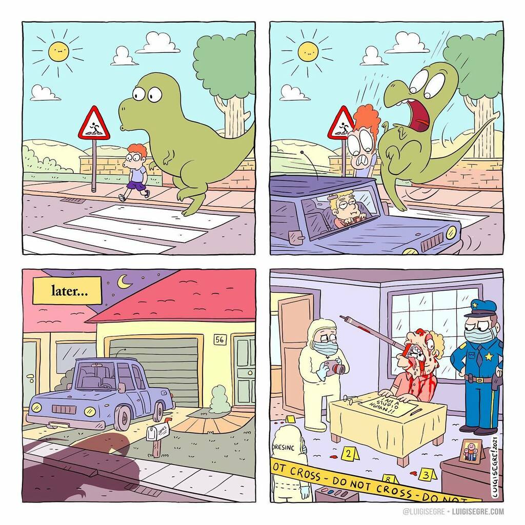 🦖 my friend is a killer by #luigisegre • #die or #dinosaur ⚠️ eat street! 😡 follow @luigisegre 🚗#myfriendisakiller #instacomics #igcomics #comics #webcomic #webtoon #darkhumor #death #humor #cartoon #cartoonist • #quarantinelife #emergency #extin… instagr.am/p/CNIVBAcD_tR/