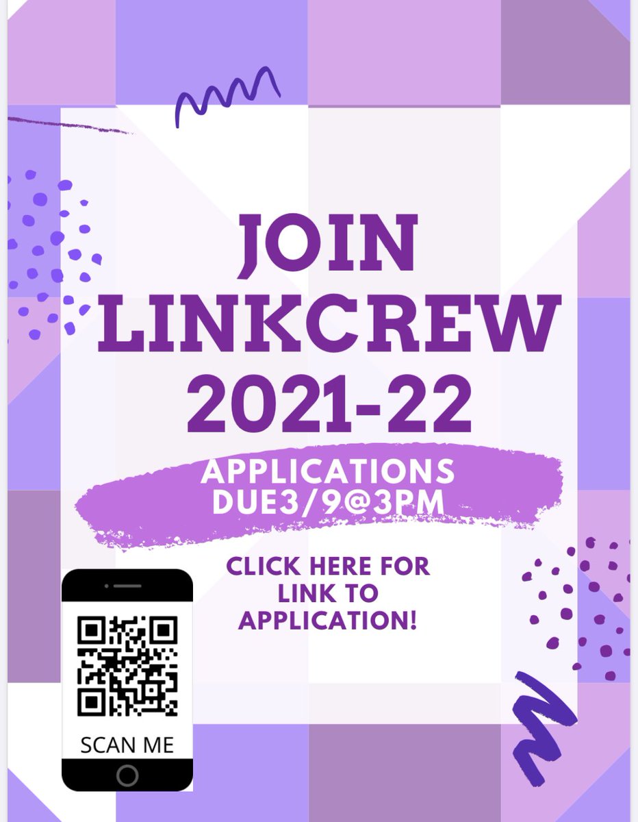 Hey guys!!! 2021/2022 Link Crew Applications are now open! Use the QR code to fill out an application. Next year will be a great year, especially for helping out our new freshman! DM us on Instagram <a href="/lhhs_linkcrew/">la habra link crew!!!</a> or Message us on this account with questions!!!💜
