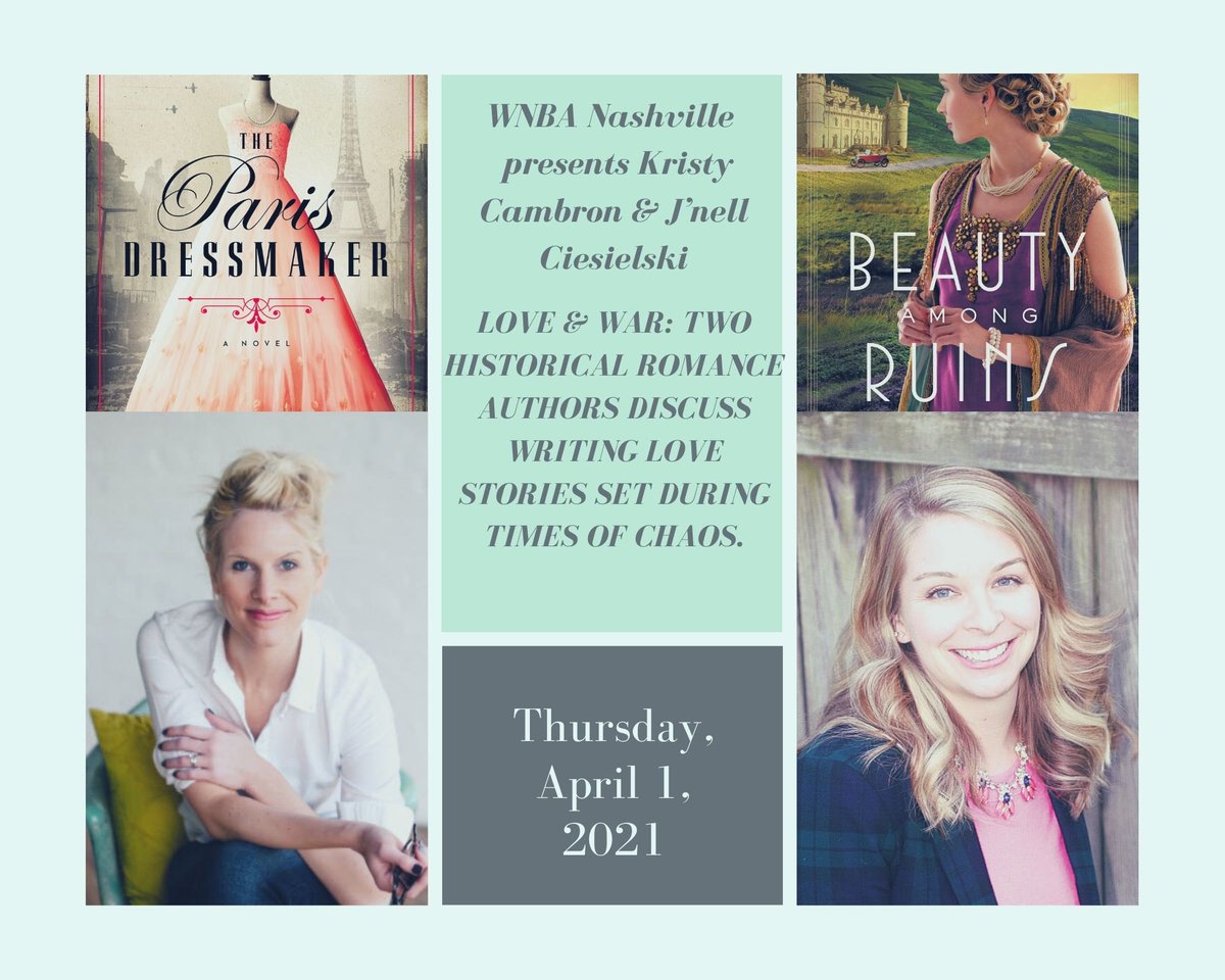 WNBANashville's tweet photo. Don’t forget to join us tonight with Kristy Cambron and J’Nelle Ciesielski. 
We'll log on at 5:45 p.m. CDT and the program will begin at 6:00 p.m.
Zoom link was sent via email. Be sure to send a message to wnbanashville@gmail.com if you have not received it. #wnbabooks https://t.co/Nxhct5Vg3Z