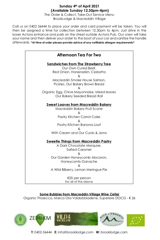 Some places still available for our Take Away Menu this Saturday &amp; Sunday, as well as Afternoon Tea available on Sunday. Call us on 0402-36444 to place your order #takeout #nocooking #bankholidayweekend #treatyourself #brooklodge #macreddin #wicklow