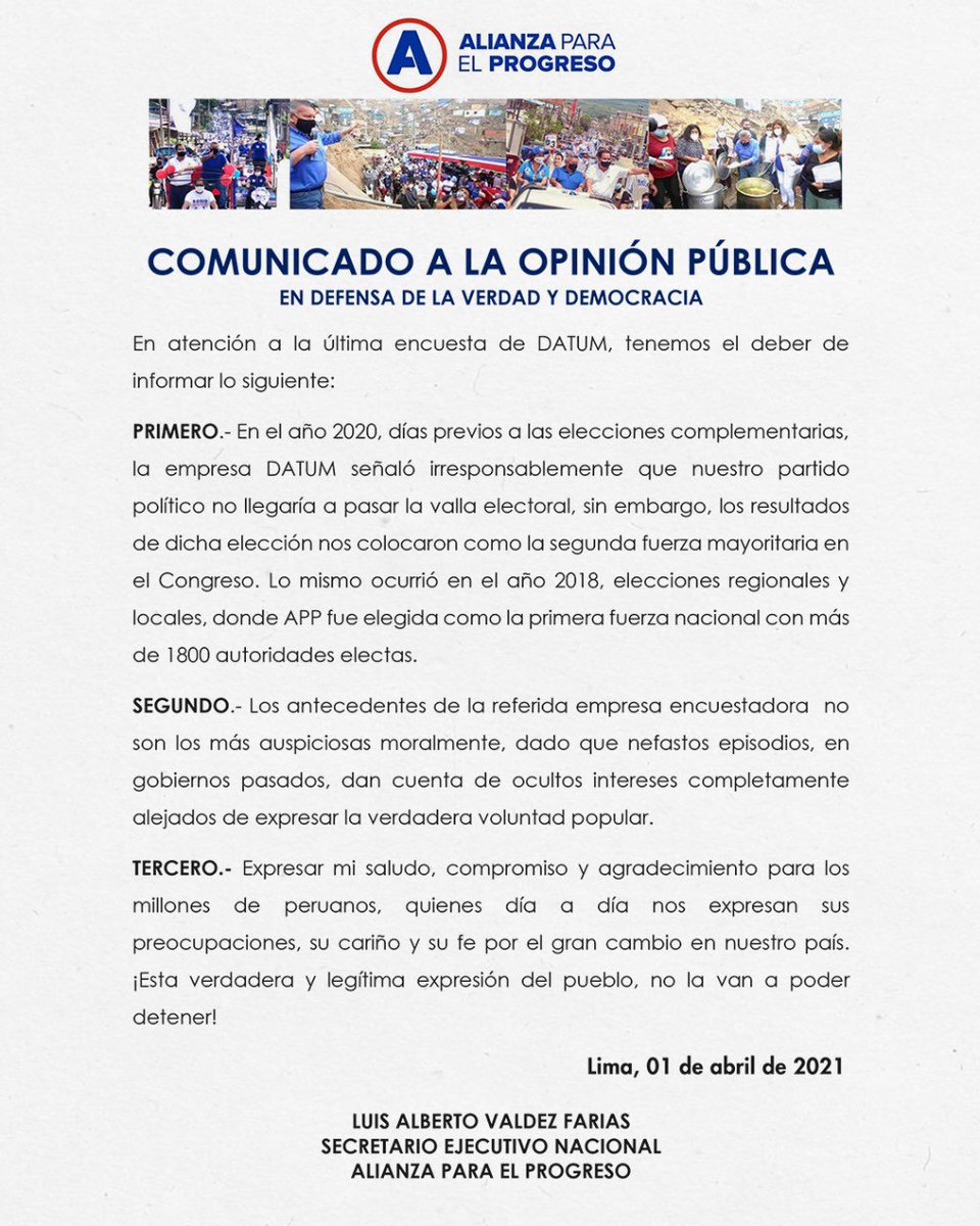 Peru_APP's tweet photo. #COMUNICADO 

Nos vemos obligados a dirigirnos a todos los peruanos en relación a las nuevas encuestas difundidas por Datum. 

¡Estas manipulaciones deben acabar YA! https://t.co/G7qcSLXCxI