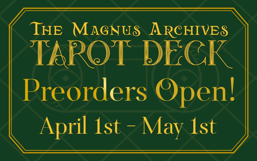 tmatarot's tweet photo. ✨👁We are thrilled to announce that preorders for The Watcher’s Deck: A Magnus Archives Tarot Deck are now open from April 1st to May 1st!👁✨

FULL POST: https://t.co/mteFS1usNi
STORE: https://t.co/vPe3nYejku https://t.co/krDLg3Ggwn