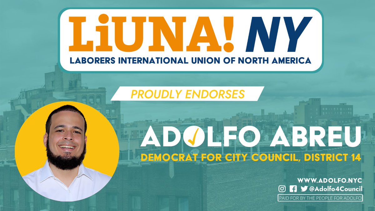 BxOrganizer's tweet photo. I'm proud to share LiUNA-NY's endorsement of our campaign.

#OurBronx has been fighting for development that invests in community &amp; worker power from the Kingsbridge Armory to Jerome Ave. Together w/ our sisters &amp; brothers in labor, we'll build a just recovery #FromTheGroundUp. https://t.co/LWZwdlDxzl