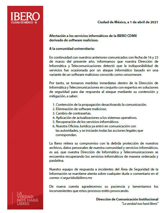 #Comunicado sobre la afectación a los servicios informáticos de la IBERO CDMX derivado de software malicioso