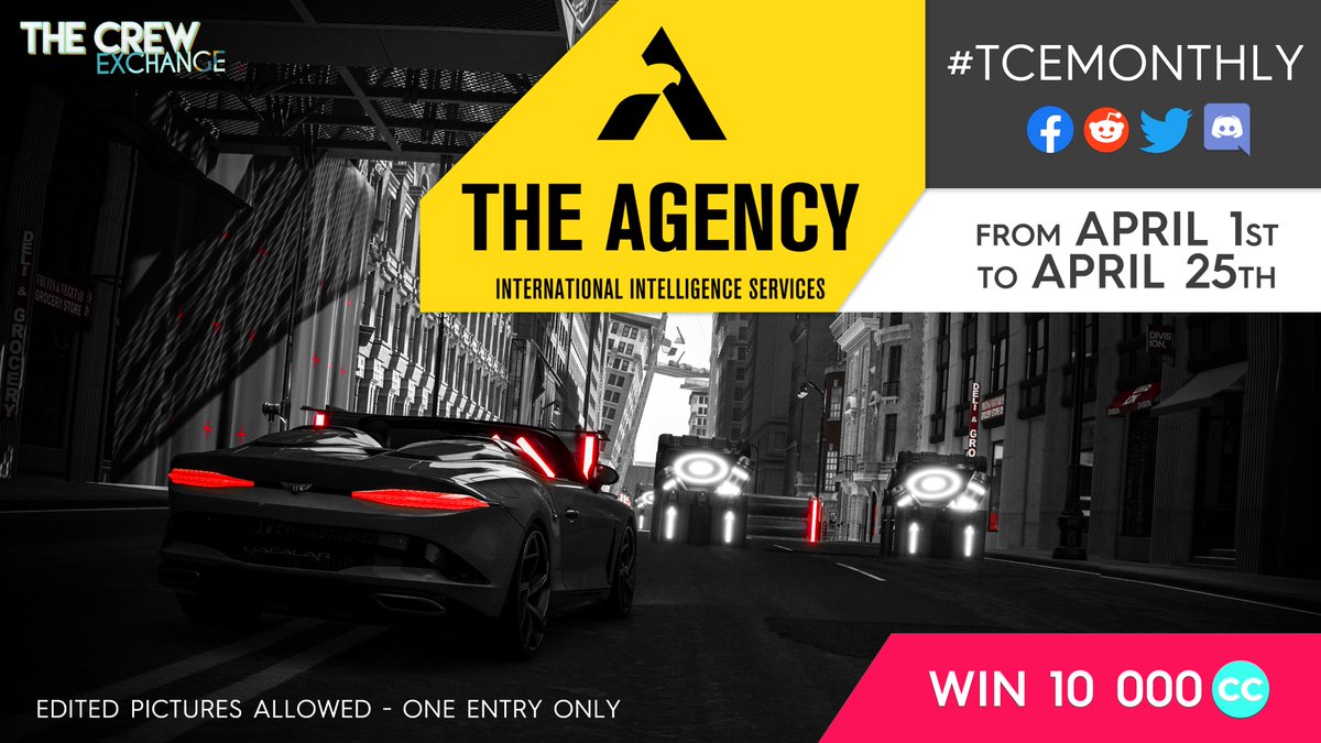TheCrewExchange's tweet photo. Hey photographers! 📸

This month's theme is "The Agency". 

Starting from now to April 25th, the 3 bests photographers will win 10 000 Crew Credits🪙! 

To participate, tweet your best pic related to the theme with #tcemonthly, your in-game name and your platform! https://t.co/6h6NGbnLoc