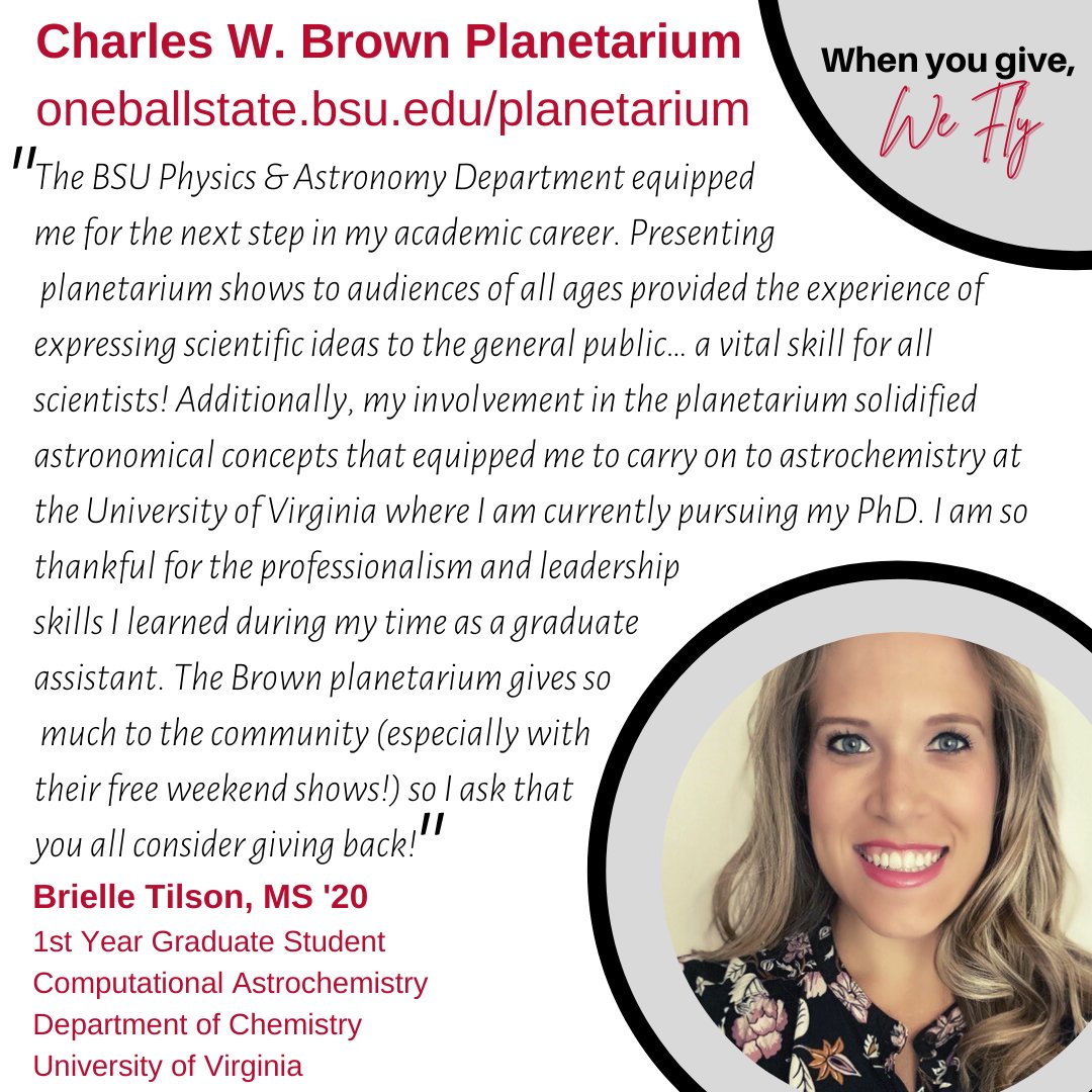 BSUPlanetarium's tweet photo. Brielle brought a special energy to everything she did for the planetarium. Check out where she is now and make sure to celebrate #OneBallState Day with us on Tuesday at https://t.co/rViLlQbVHX #ballstatecsh https://t.co/Qv73bT32hX