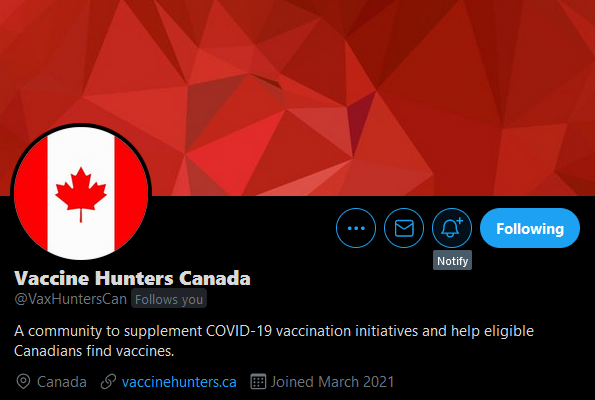 Housekeeping note: if an eligibility group you're watching out for is coming up soon OR you'd like to be notified whenever we tweet (note we cover all provinces/territories), you can click on the notify icon. You're free to click on it again anytime to opt out of notifications.