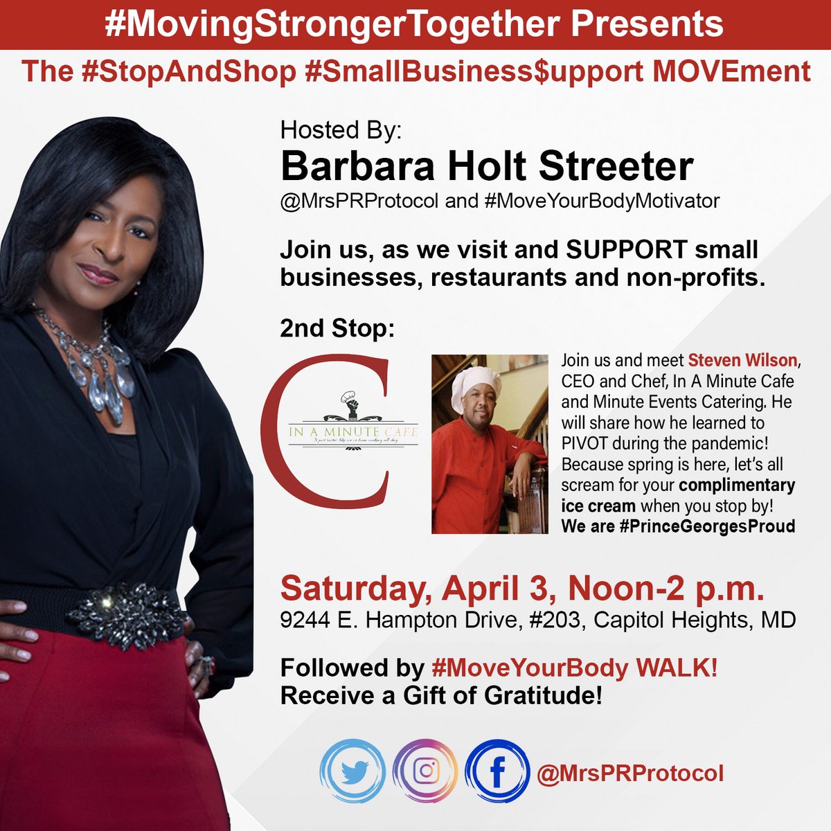 MrsPRProtocol's tweet photo. Get ready the #MovingStrongerTogether TEAM is EXCITED for our #StopAndShop #SmallBusinessSupport MOVEment ➡️
2nd STOP #InAMinuteCafe
Sat. April 3, Noon-2pm honoring #SmallBusinessOwners
Let’s scream for complimentary #icecream #Easter2021
Followed by our #MoveYourBody #Walk https://t.co/HvnyJMQn7U