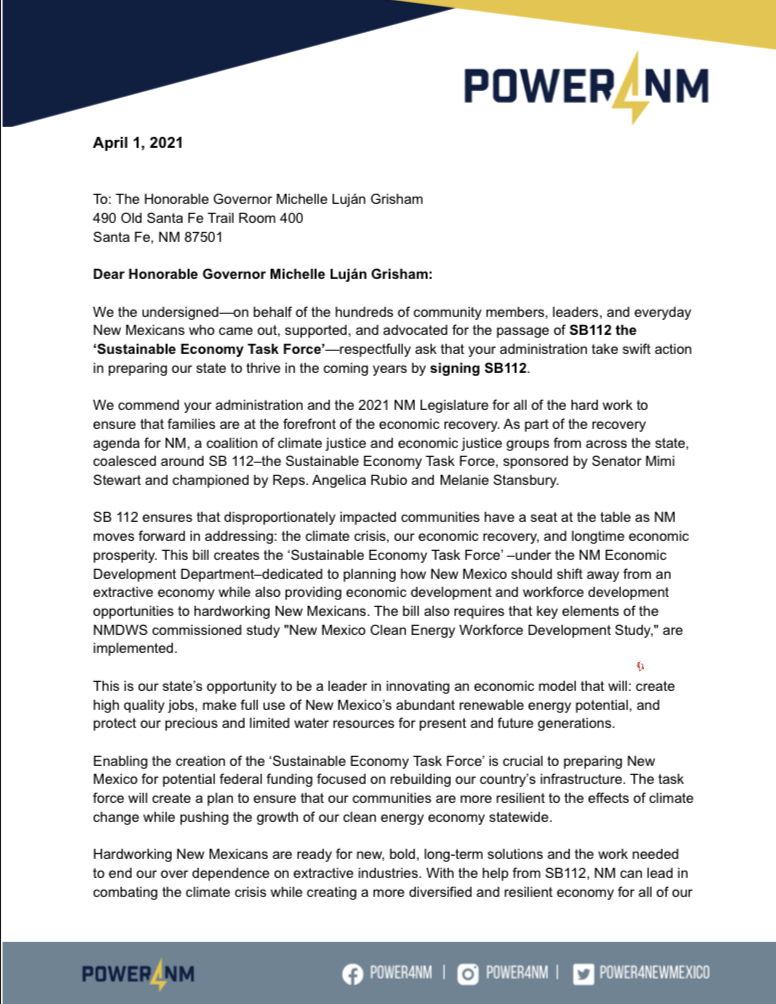 jpovijua's tweet photo. @GovMLG Dozens of orgs and individuals thank and support your hard work! please sign #sb112 ASAP! This is crucial legislation to ensuring a #JustTransition in #NM @Power4NewMexico @Sen_MimiStewart @anrubio @MelanieforNM https://t.co/umF8Mu6XUR