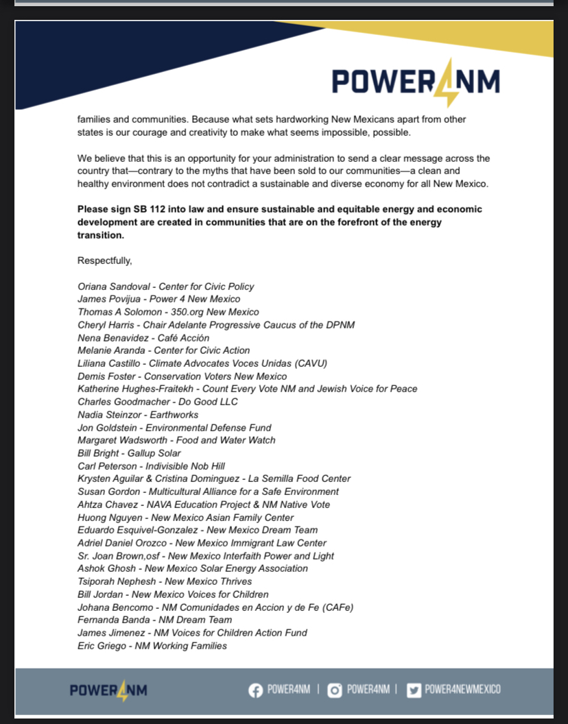 jpovijua's tweet photo. @GovMLG Dozens of orgs and individuals thank and support your hard work! please sign #sb112 ASAP! This is crucial legislation to ensuring a #JustTransition in #NM @Power4NewMexico @Sen_MimiStewart @anrubio @MelanieforNM https://t.co/umF8Mu6XUR