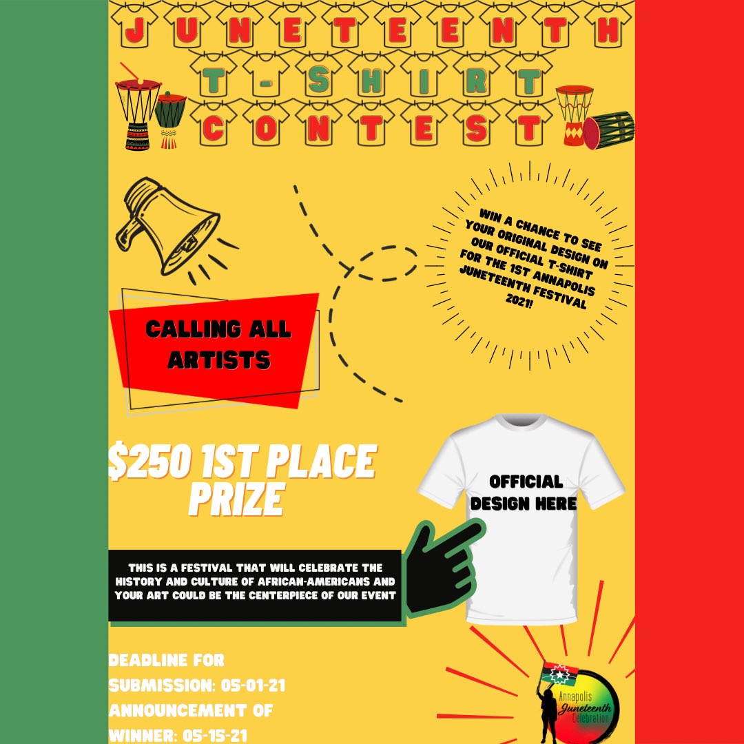 AnnapolisParade's tweet photo. 📢T-Shirt Contest for our #juneteenth celebration. Can’t wait to see all the wonderful creations that y’all come up with!!! #juneteenth2021 #annapolis #maryland #juneteenth https://t.co/ixeND6NwEg
