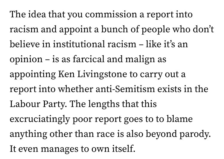 mikekatz's tweet photo. Spot on from @ayeshahazarika.
So glad she’s written so eloquently on #RaceCommision report; so very sorry and angry that it’s left her, and many, many others, in such despair. We all deserve so much better than this. https://t.co/1FfCWFAuIK