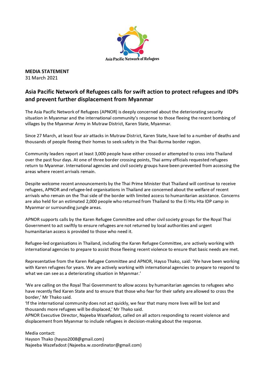APNORefugees's tweet photo. Media statement: APNOR is deeply concerned about the international community's response to those fleeing the bombing of villages in Karen State, Myanmar.

We call on the Thai government to ensure all those fleeing can cross the border and allow humanitarian access to the area. https://t.co/6SI49CPmkI