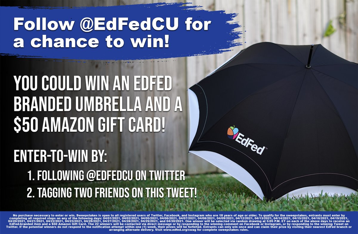 Today is the second day of our Swag-a-Day Sweepstakes! Enter-to-win this EdFed branded umbrella &amp; $50 Amazon.com gift card by following <a href="/EdFedCU/">Educational Federal Credit Union</a>  and tagging two friends on this Tweet. The winner of today’s prizes will be announced tomorrow.