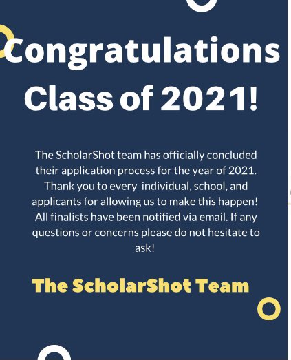 ScholarShot's tweet photo. CONGRATULATIONS #CLASSOF2021! All finalists have been notified via email. Once again, thank you ALL for your amazing support! We are more than eager to continue #changingliveswithcollegedegrees  🎓 https://t.co/P6EzvKw7UG
