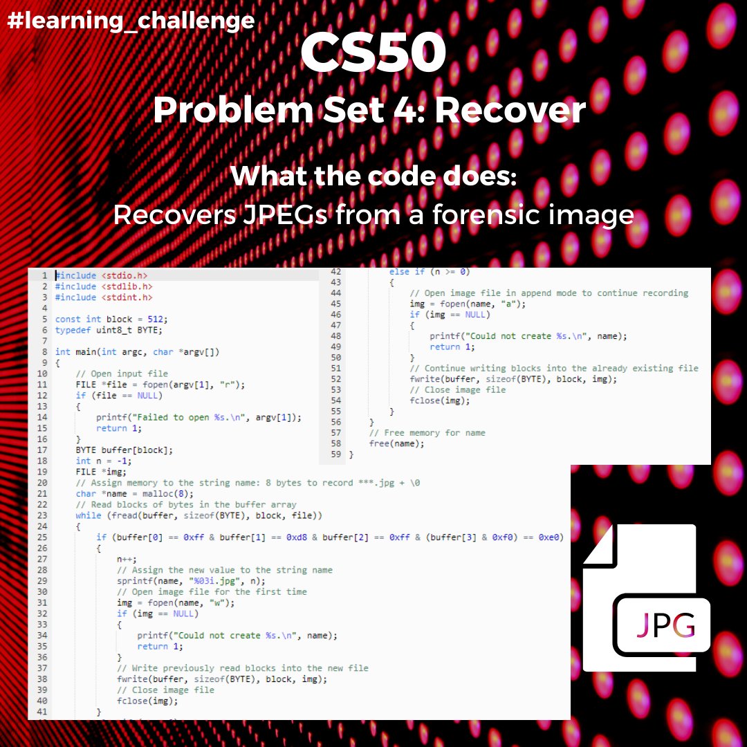 Dziyana9's tweet image. While in the previous exercise I worked with bmp files, this one is all about jpg. The task was to create a program that recovers recently deleted images from a piece of memory where they were stored. Nailed it! 😁
#CS50 #learning_challenge #computerscience #learningprogramming