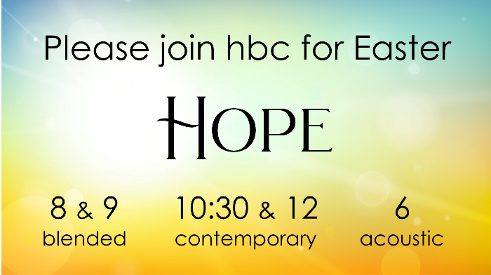 hbctweet's tweet photo. EASTER WORSHIP at HBC APRIL 4 - https://t.co/5111pkmQnn
There are 2 additional worship times this Sunday. Please join us in celebrating the Risen Lord. https://t.co/yjQFgBwflE