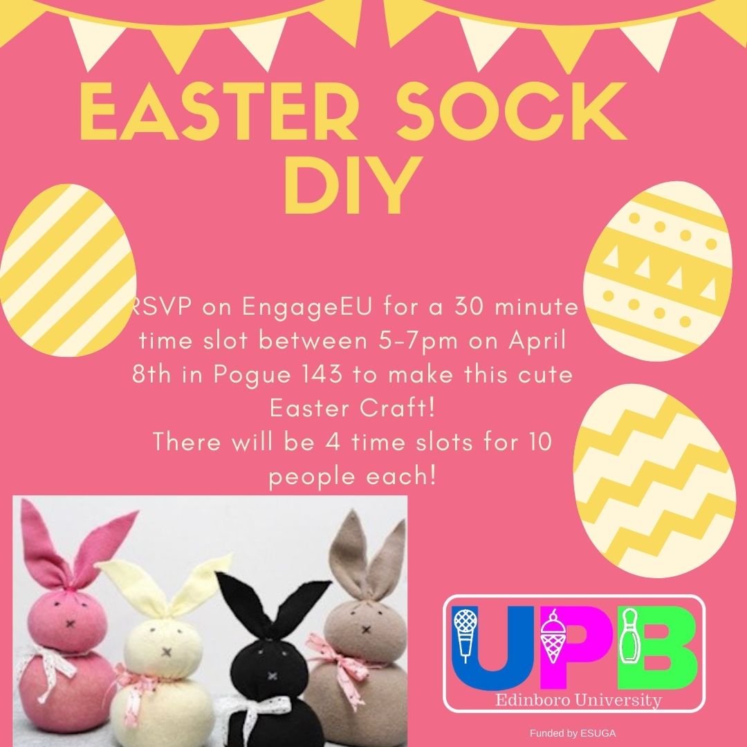 EdinboroUPB's tweet photo. Want a cute DIY sock event to go to?? UPB has you covered! RSVP on EngageEU for a time slot to have some fun! April 8th from 5-7pm! https://t.co/ByZC4xaFL0