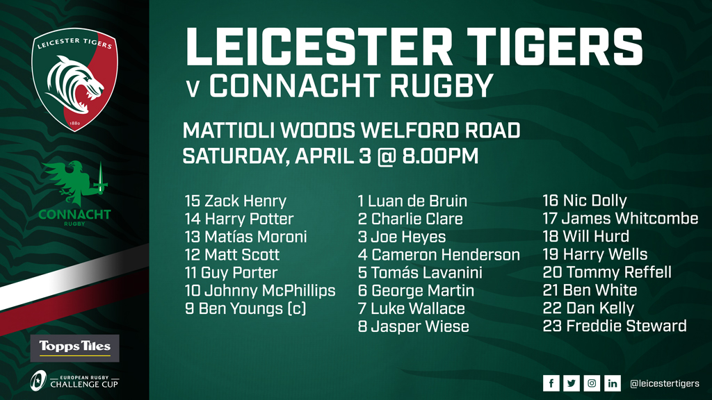 LeicesterTigers's tweet photo. The 𝗧𝗶𝗴𝗲𝗿𝘀 𝗧𝗲𝗮𝗺 📋 to take on @ConnachtRugby on Saturday night! 

ℹ️ https://t.co/uQPpMBPNNC https://t.co/33aZQgCRyM