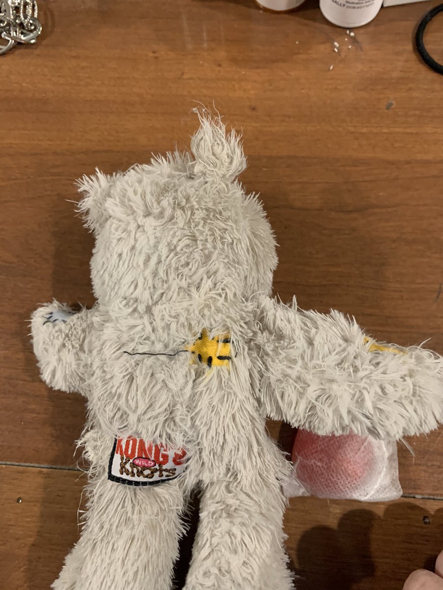 SallySternberg's tweet photo. @ToysKong I am so disappointed with the Wild Knots Bear.  We purchased it last week and already the stomach seam has opened up and stuffing out!  Our pup (a yorkie!) only has access to the toy for a few hours a day as he is crated.  How do you make this right? https://t.co/MHQhv3UpOS