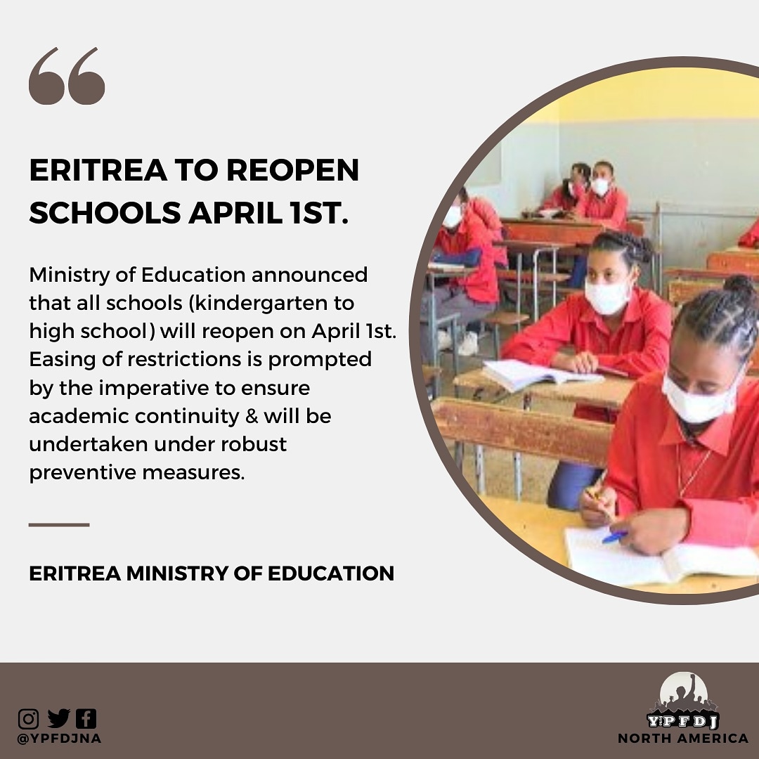 YPFDJNA's tweet photo. Today was officially BACK TO SCHOOL day in #Eritrea! Students throughout the country finally went back to their regular learning environments.

Ministry of Education says strict COVID-19 preventative measures are in place to ensure all students, faculty &amp; staff are safe &amp;healthy. https://t.co/dW5gXXYiVX