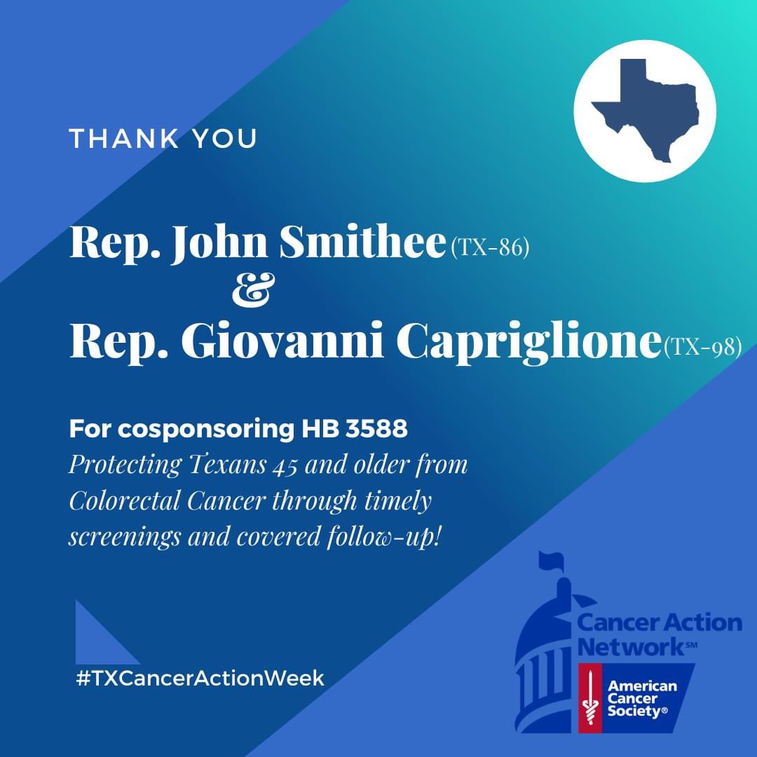 ACSCANTexas's tweet photo. Thank you Reps. @VoteGiovanni + #JohnSmithee for cosponsoring HB3588!
The bill ensures Texans 45 and up have access to non-invasive colorectal cancer screenings, and covers follow-up, including a colonoscopy if necessary. A step toward a healthier Texas!
#txcanceractionweek https://t.co/56DBp646nv