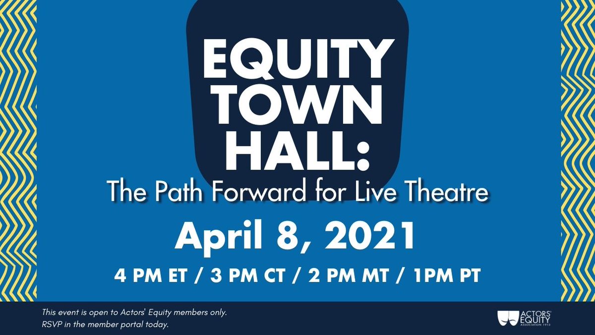 ActorsEquity's tweet photo. Equity Town Hall: The Path Forward for Live Theatre
Thursday, April 8, 2021

Please join us for a town hall that will allow members to learn more about our safety protocols and make your voice heard. 

RSVP in the member portal - https://t.co/6tvSvsOBew https://t.co/5oGJz1vxqF