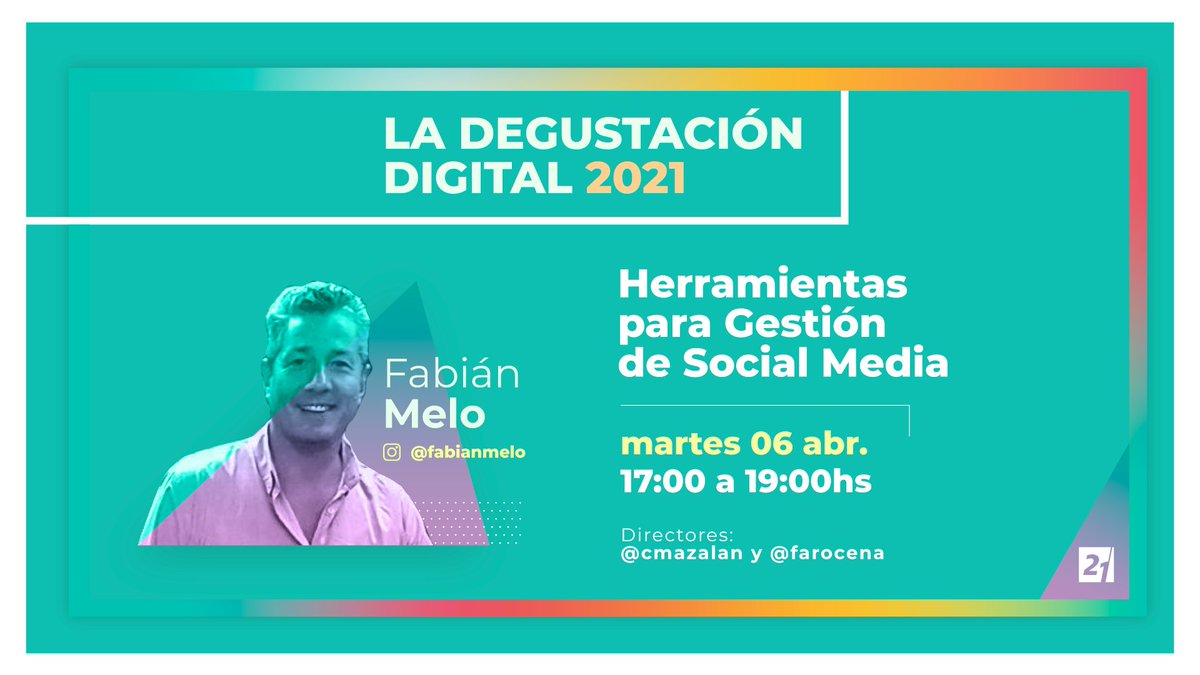 LaDiplo's tweet photo. HERRAMIENTAS PARA GESTIÓN DE SOCIAL MEDIA a cargo del Prof. Fabián Melo éste próximo martes 6 de abril, 17:00 a 19:00 hs. por Sala Zoom, continuando con el ciclo de La Degustación Digital.
Inscripciones gratuitas:
https://t.co/bPJoPaIE5d
Charla abierta. Agradecemos la difusión ! https://t.co/tDjnpunScn
