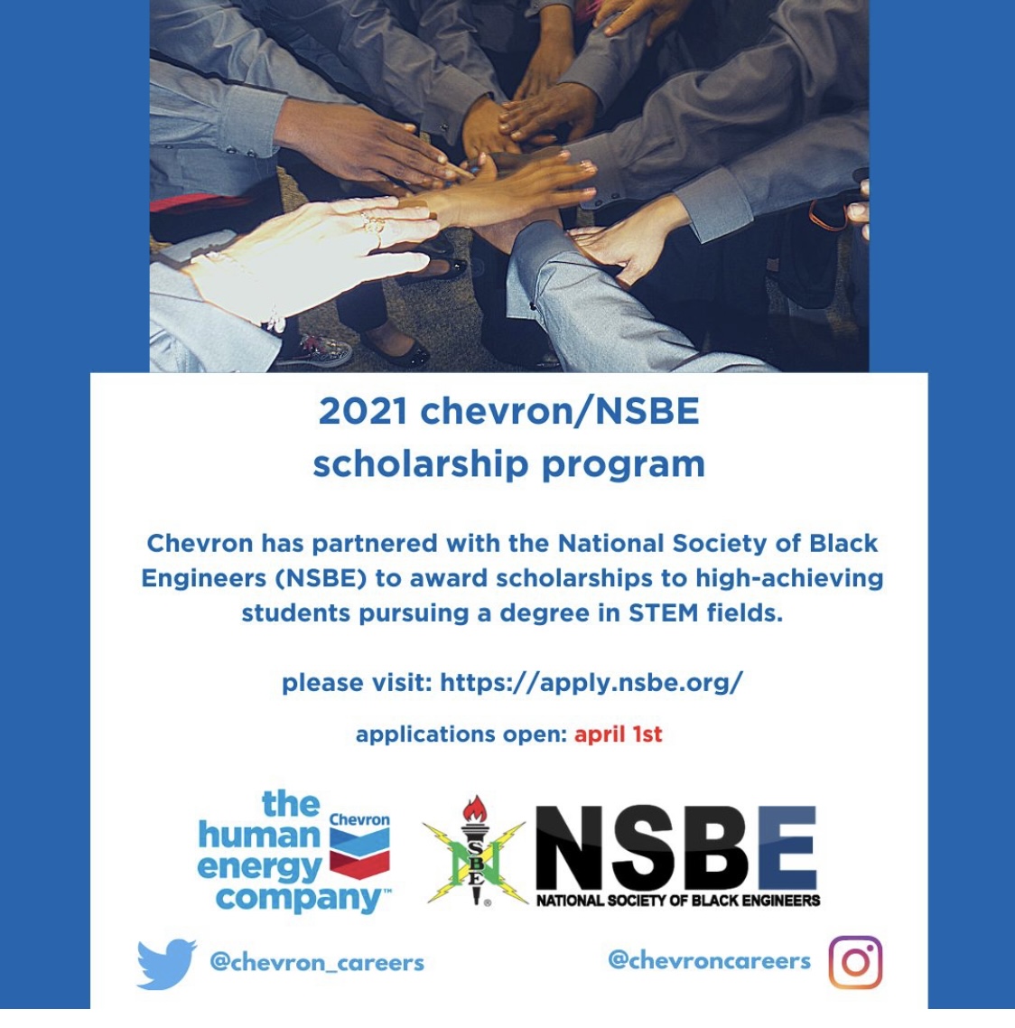ScholistApp's tweet photo. Chevron is awarding  $5,000 scholarships to high performing students pursuing STEM degrees, through their partnership with NSBE.

Applications open April 1st. 

Click here to apply ⬇️
https://t.co/lDWs9t75Kb

 #scholarships #stemdiversity #chevron #Scholist https://t.co/Ybyw16y7AV