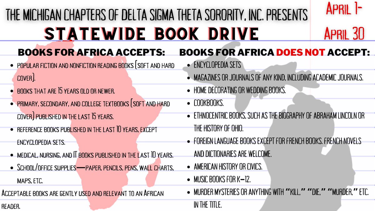 DSTThetaTheta's tweet image. The Michigan Chapters of Delta Sigma Theta Sorority, Inc. presents Statewide Book Drive! 📕 April 1st-April 30th, we will be collecting books to donate to Books for Africa. Please visit the Center for Inclusion and Diversity to donate. Help us end the book famine in Africa! ♥️🐘