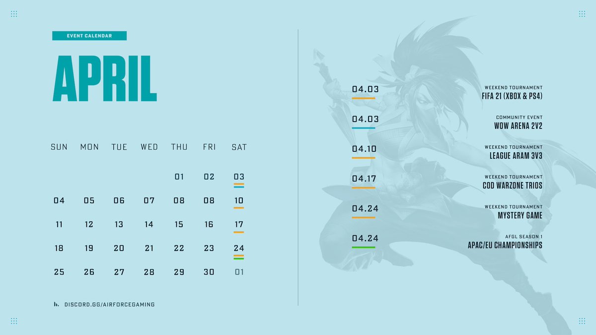AirForceGaming's tweet photo. //     EVENT CALENDAR UPDATE

This month, we're hosting tournaments for FIFA 21, WoW, and more! 

Lastly, mark your calendars as you don't want to miss our APAC/EU AFGL Season 1 Championship weekend on April 24! 🏆 

Join our community: https://t.co/9x6AMmYNNn https://t.co/Z5PnkJRYmT