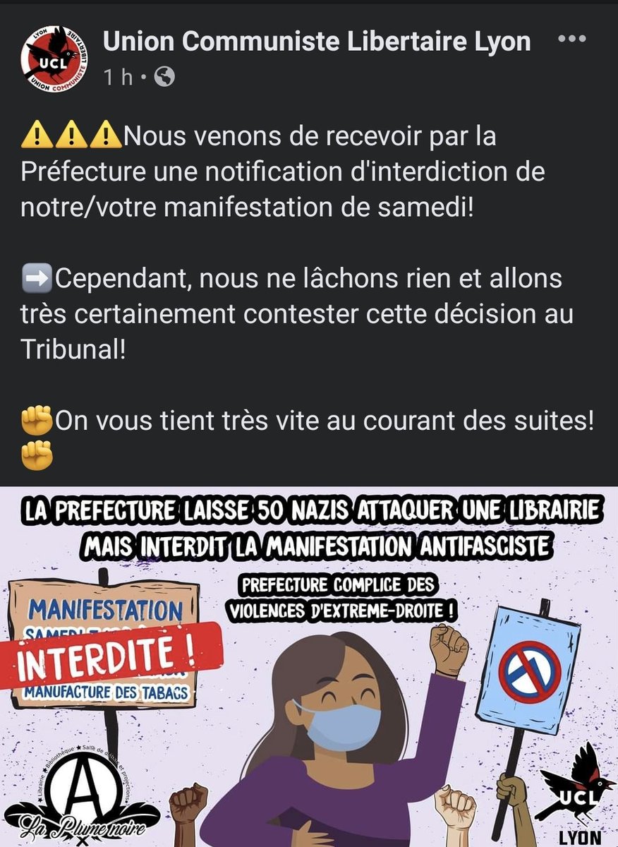 À Lyon, la préfecture interdit tout simplement la manifestation antifasciste, faisant suite à l'attaque d'une librairie anarchiste. 

Encore une fois, l'Etat démontre sa capacité à courir au chevet des organisations fascistes.

#FlicsFafsTrueFriends
#SolidaritéAntifasciste