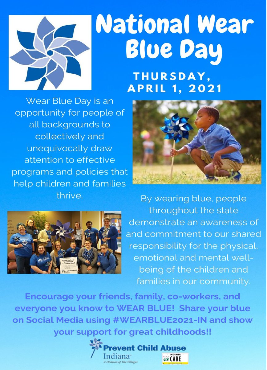 MarionCoPCA_IN's tweet photo. We wear blue today to support growing a better tomorrow for all children, together. <3 Post a #WearBlueDay2021 selfie today as we kick off Child Abuse Prevention Month. #GrowingBetterTogether #CAPmonth https://t.co/fsIAqBn9KP