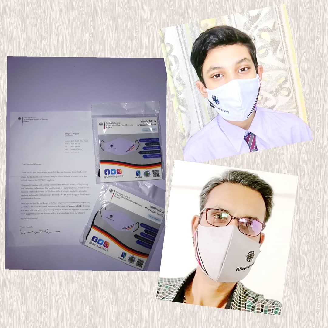 FayAlif_'s tweet photo. Thank u German Consulate General #Karachi! Got gift of these fine face masks with nice looking German flag emblem. They are made with advance nanofiber having 99% BFE. Washable up to 10 times. Proud Pakistan made. Kid loves it 😊
Wear Mask. Stay Safe.
@germanyinkhi @germanyinpak https://t.co/6q8JHUuT7C
