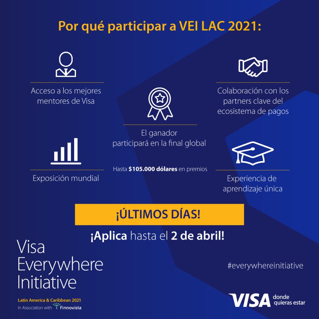⏰¡Últimos días para registrarte en Visa Everywhere Initiative 2021!
Segmentos:
1. Facilitadores de servicios digitales y emisores digitales.
2. Emisión digital.
3. Valor agregado para comercios o consumidores en finanzas.
4. Recuperación de PYMES.
📎bit.ly/36WP0gj
