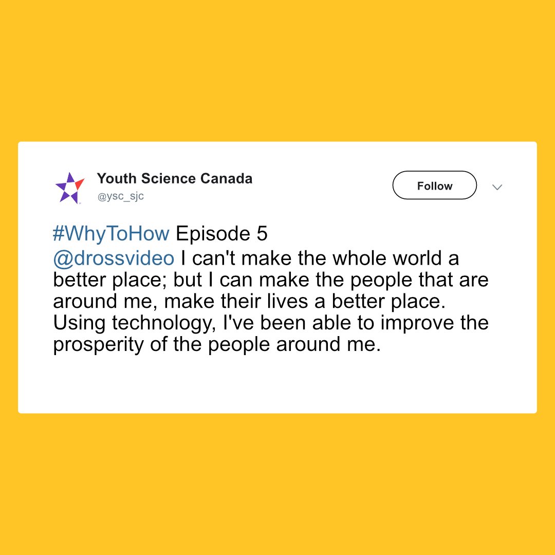 ysc_sjc's tweet photo. #WhyToHow Episode 5
@drossvideo I can't make the whole world a better place; but I can make the people that are around me, make their lives a better place. Using technology, I've been able to improve the prosperity of the people around me.
#MakeTheWorldABetterPlace #BeTheChange https://t.co/rplE5991Qx