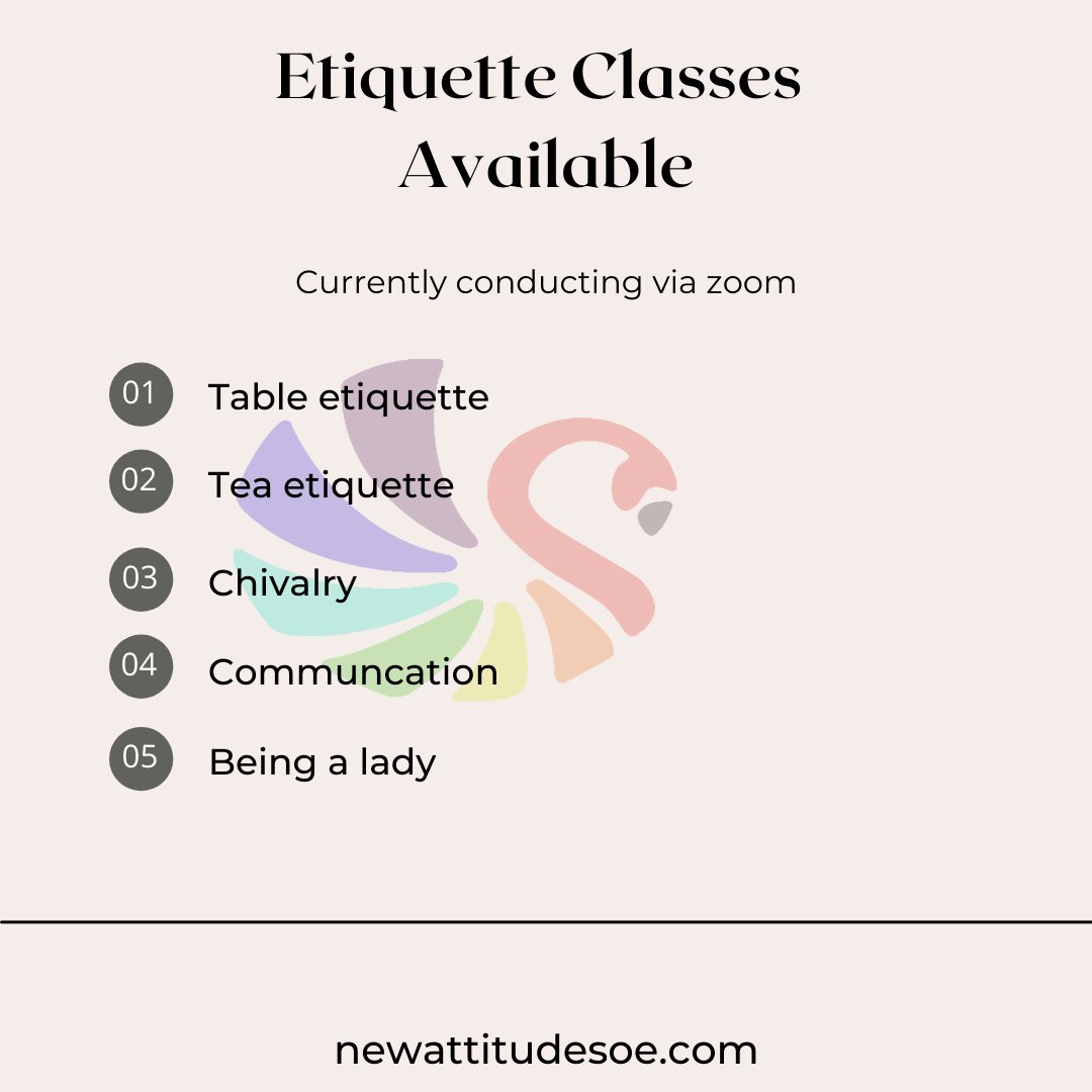 newattitudesoe's tweet photo. New Attitude School of Etiquette is open for business.
Schedule your consultation now #open #countdown #open #schedule #consultation #certified #etiquetteconsultant #zoom #smallbusiness #blackownedbusiness #tableetiquette #teaetiquette #chivalry #communicate #ladylike https://t.co/vgPZkUgj9w