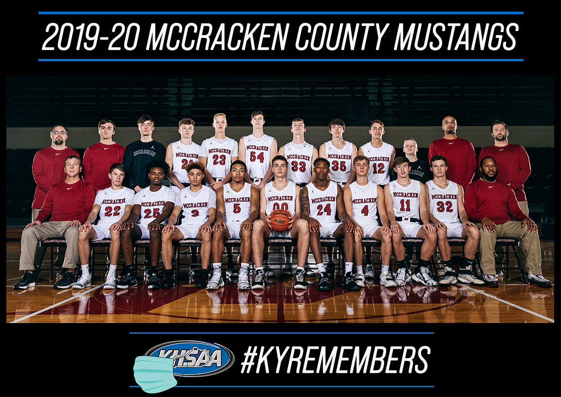 KHSAA's tweet photo. While their opportunity to play in the 2020 Boys’ Sweet 16® was lost, we want to honor the 2019-20 McCracken County Mustangs today.

We salute these champions and know that through all of this situation, we remain Kentucky strong.

@gomccracken

#KYREMEMBERS https://t.co/06u6PEqCWx