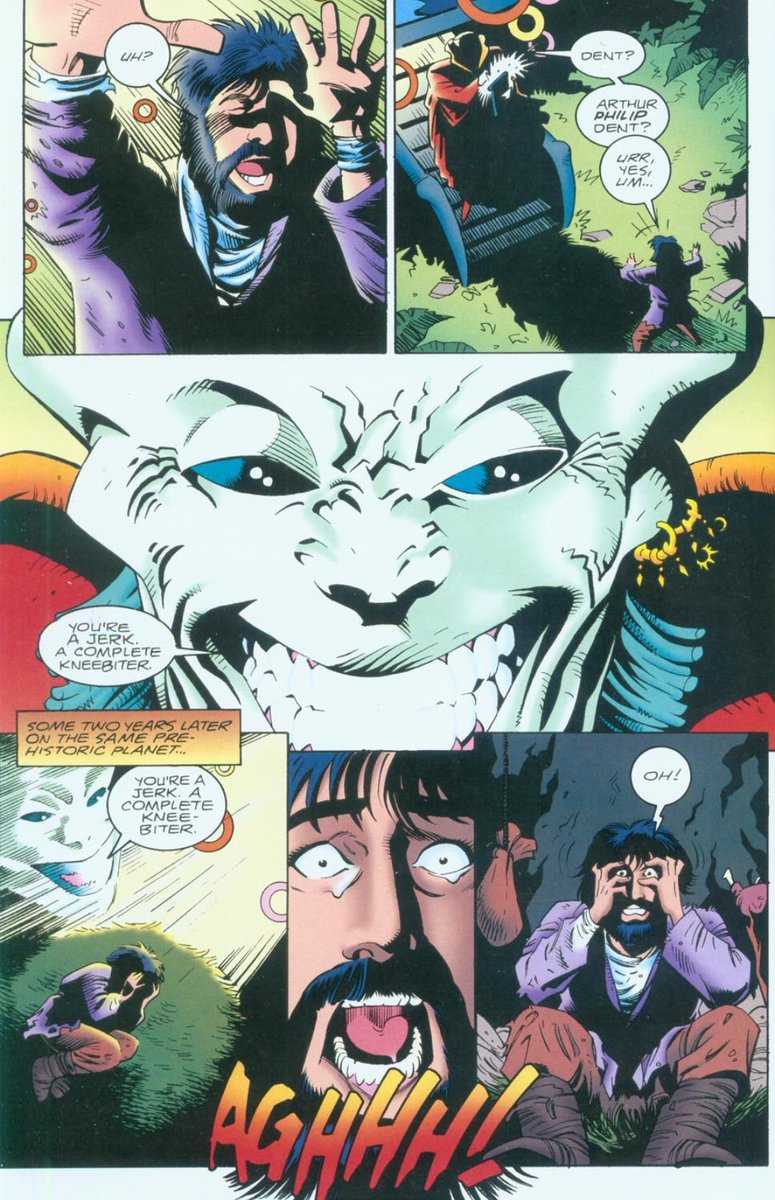 No_Context_StC's tweet photo. Fun Fact: The DC comics adaptation of "Life, the Universe, and Everything" is based on the censored US version, so it retains the changes such as Wowbagger calling Arthur a "kneebiter" rather than an "asshole". https://t.co/CpimVM0evG